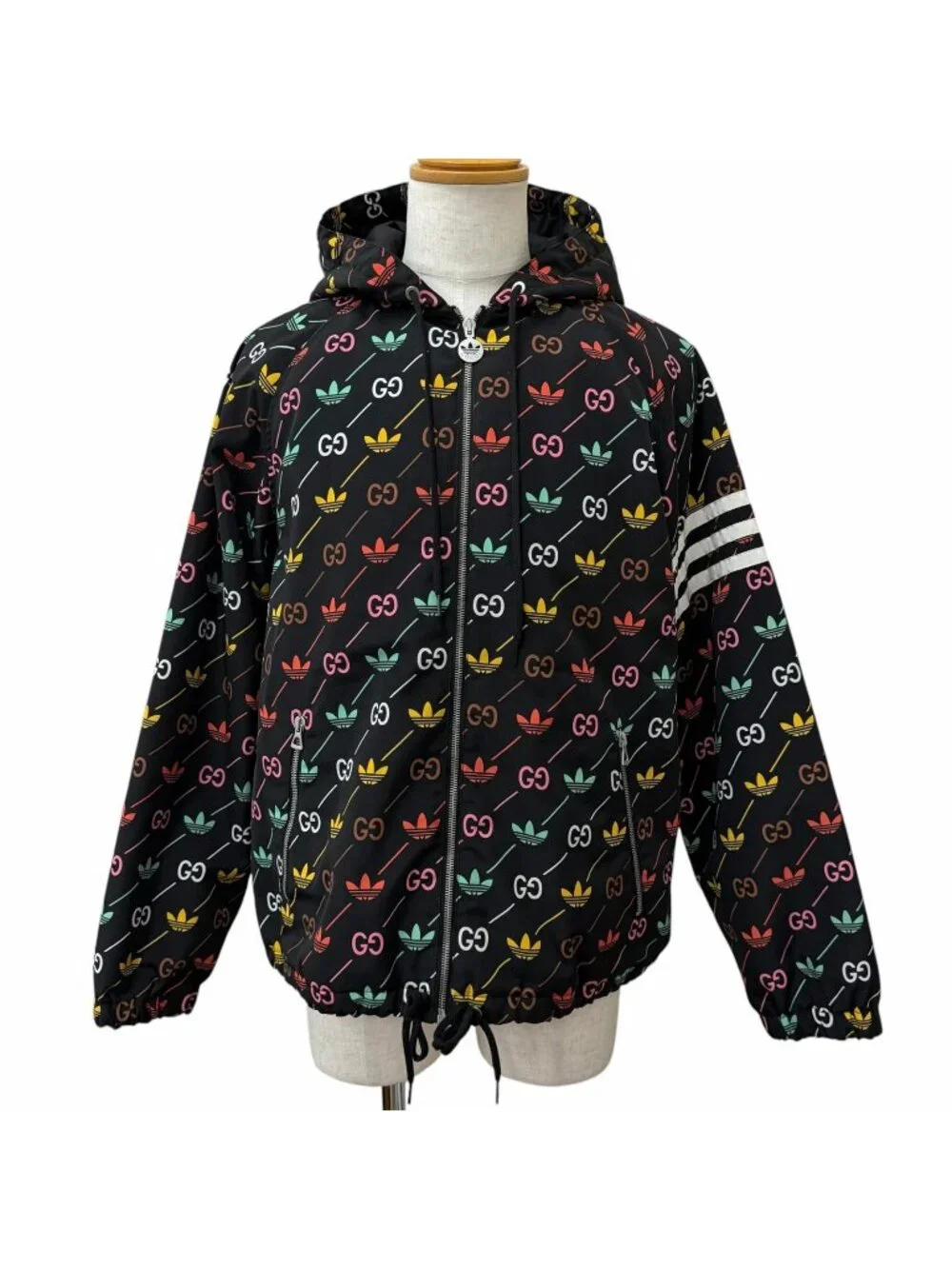 Gucci Adidas Logo All Over Print Padded Nylon Hoodie Black Multicolor 46